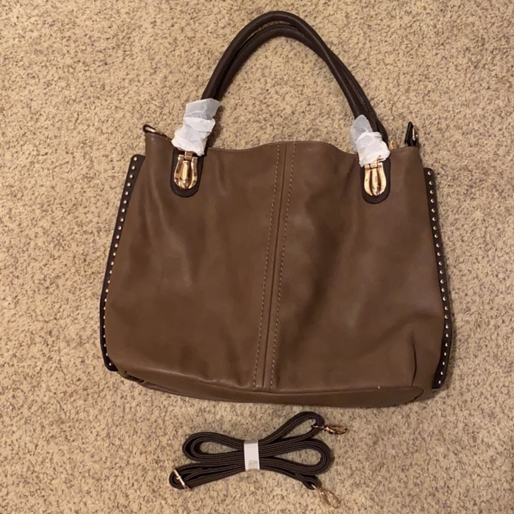 D & L Brown Tan Purse with Gold Studs